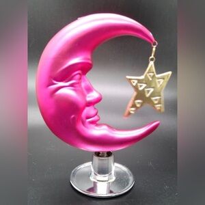 Vintage Dept 56 Hot Pink Magenta Crescent Moon Face Stand Ornament 5.5"